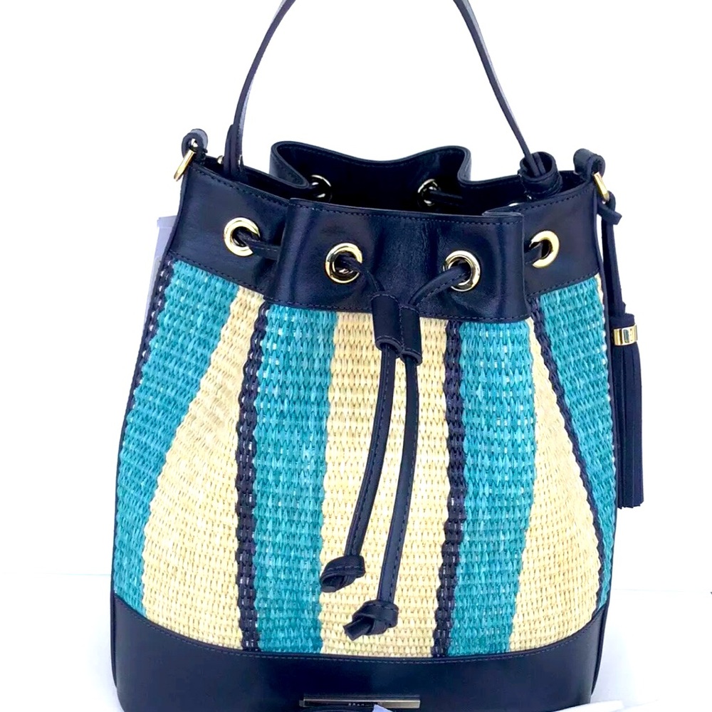 Brahmin Marlowe Navy Anguilla Straw Stripe Smooth Leather Drawstring Bucket Bag